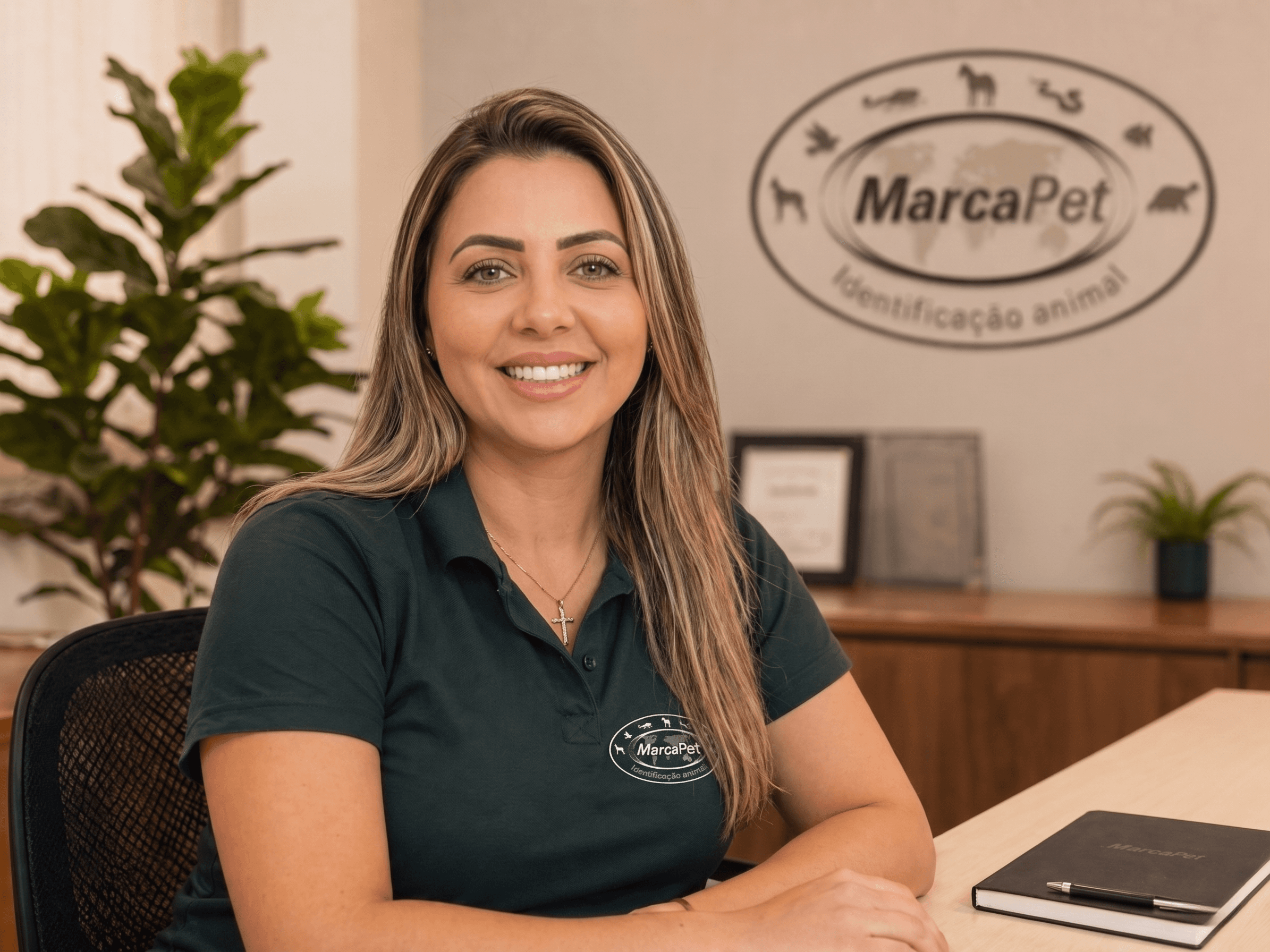 Andressa da MarcaPet em escritorio usando polo verde institucional