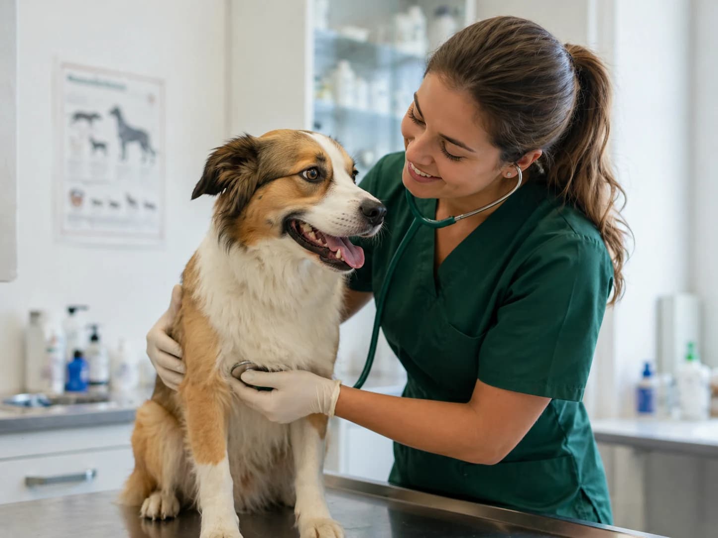 Veterinaria examinando cachorro em clinica luminosa