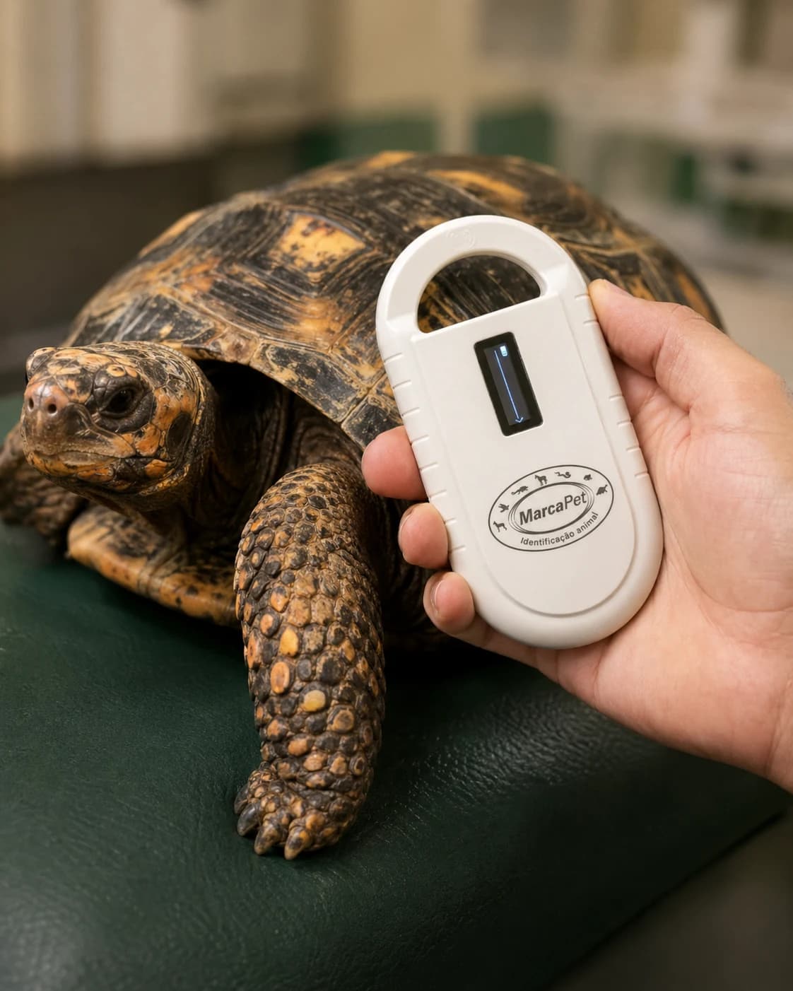 Jabuti adulto sendo identificado por leitor universal de microchip RFID