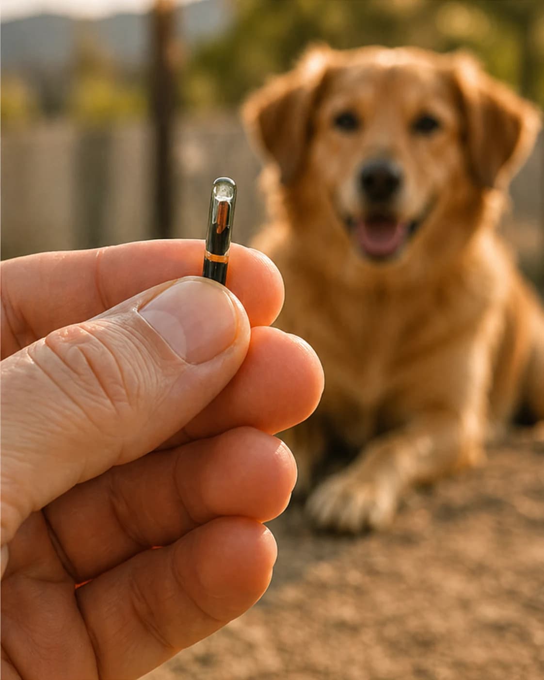 Mao segurando microchip MarcaPet com cachorro ao fundo