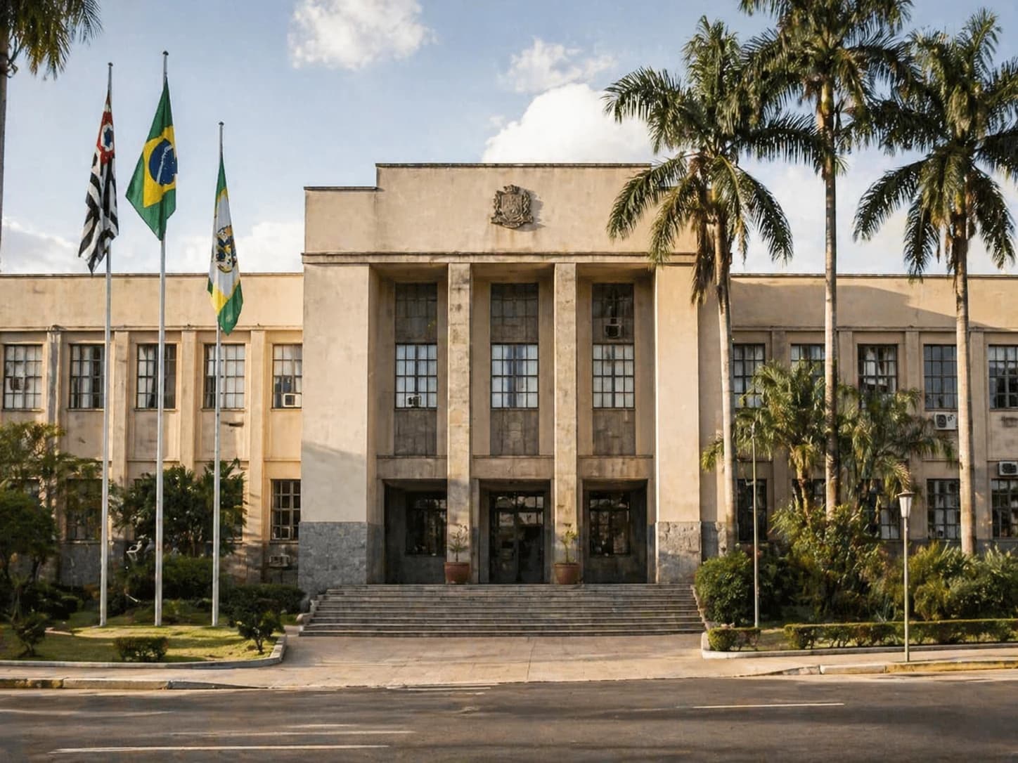 Predio publico municipal brasileiro com bandeiras na entrada