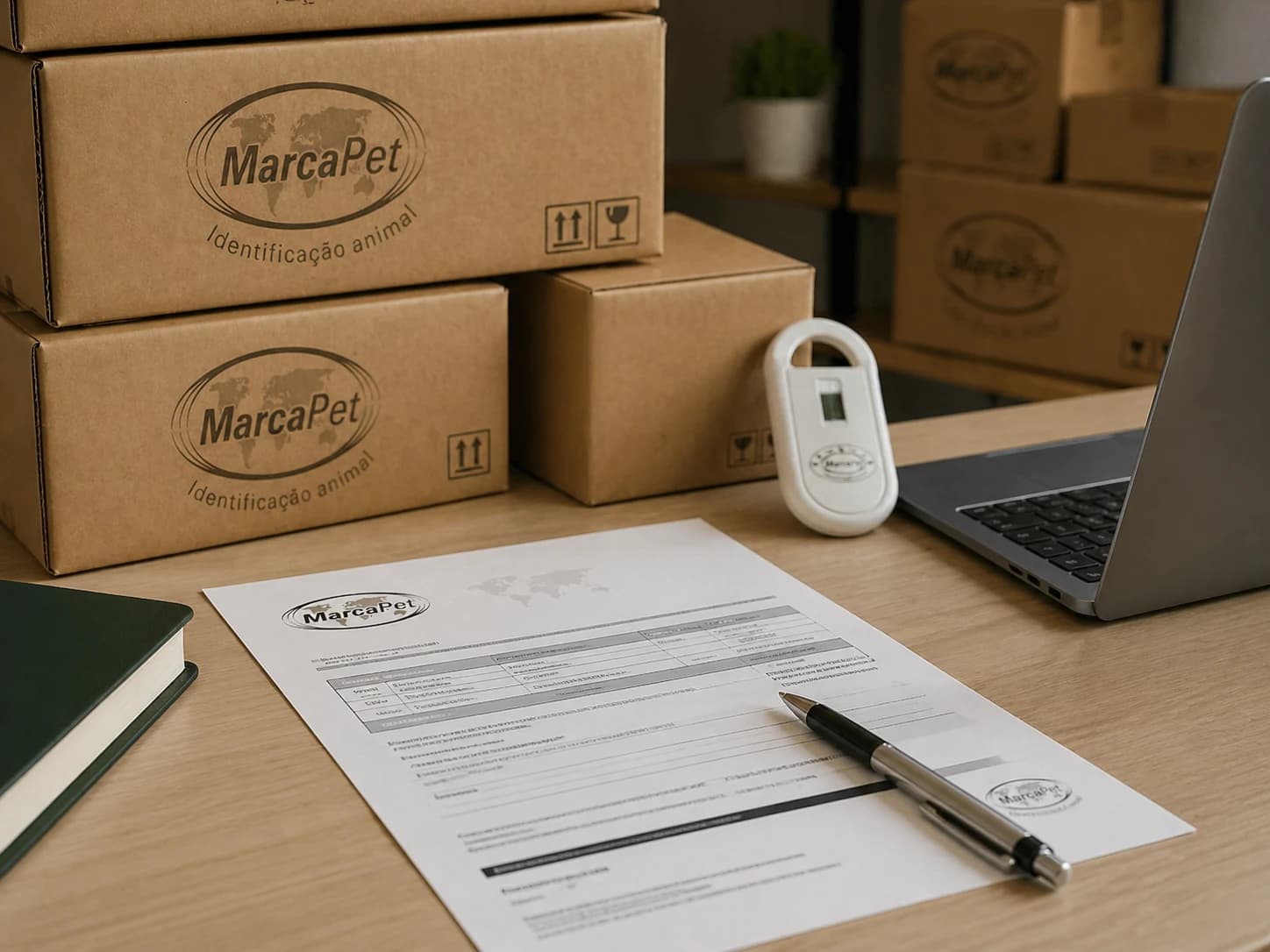 Caixas MarcaPet, documento tecnico e notebook sobre mesa institucional