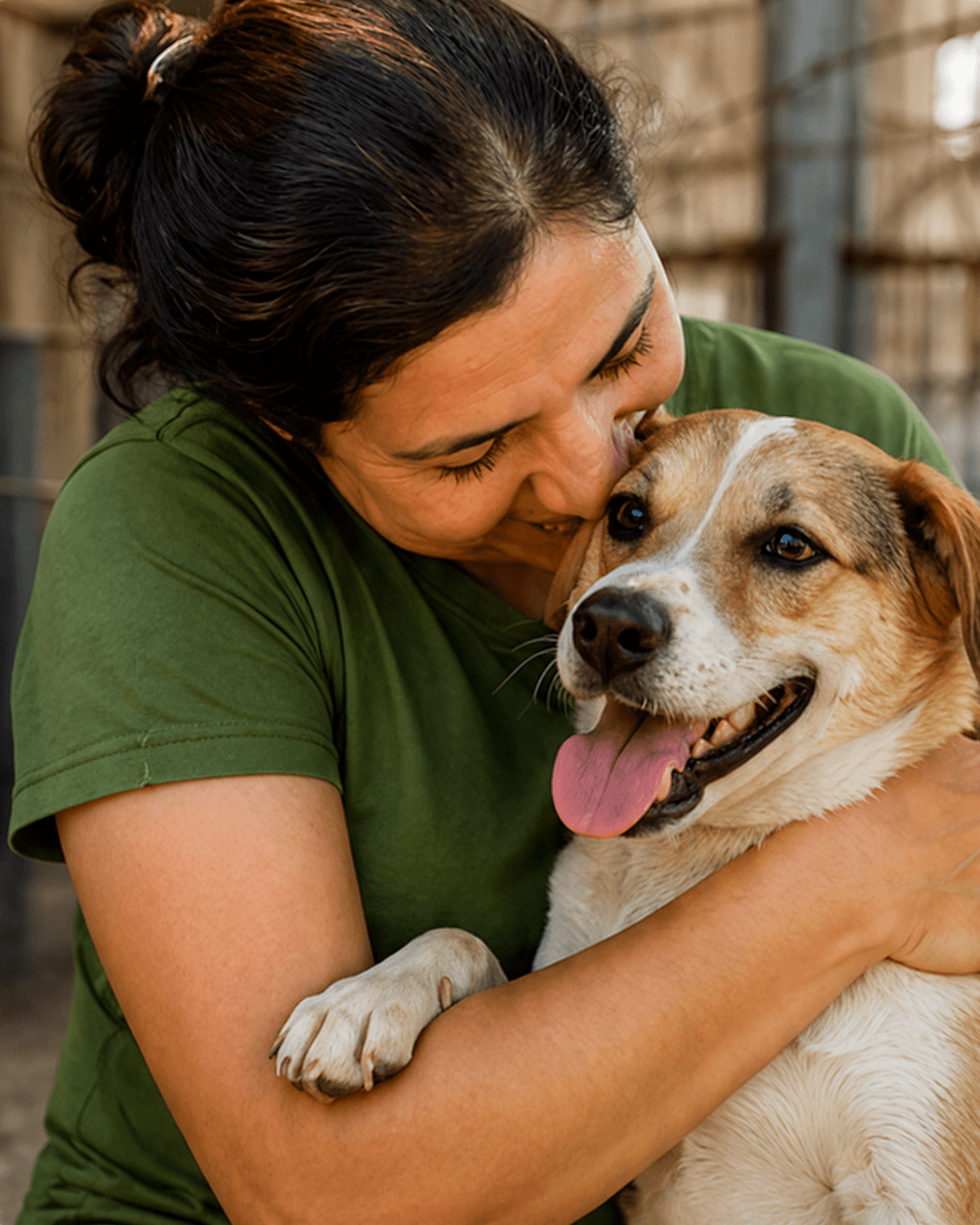 Tutor abracando cachorro em area externa iluminada